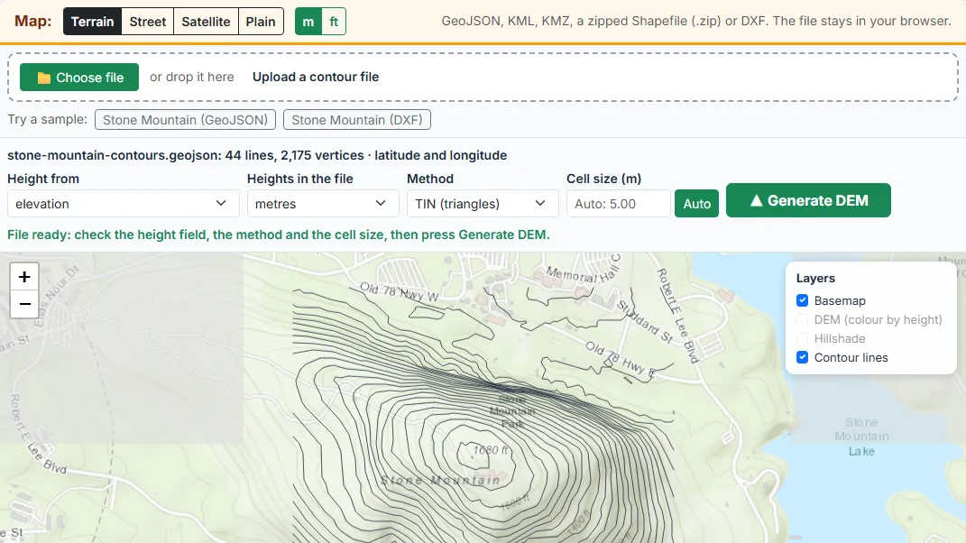Upload your contour file, or try a sample