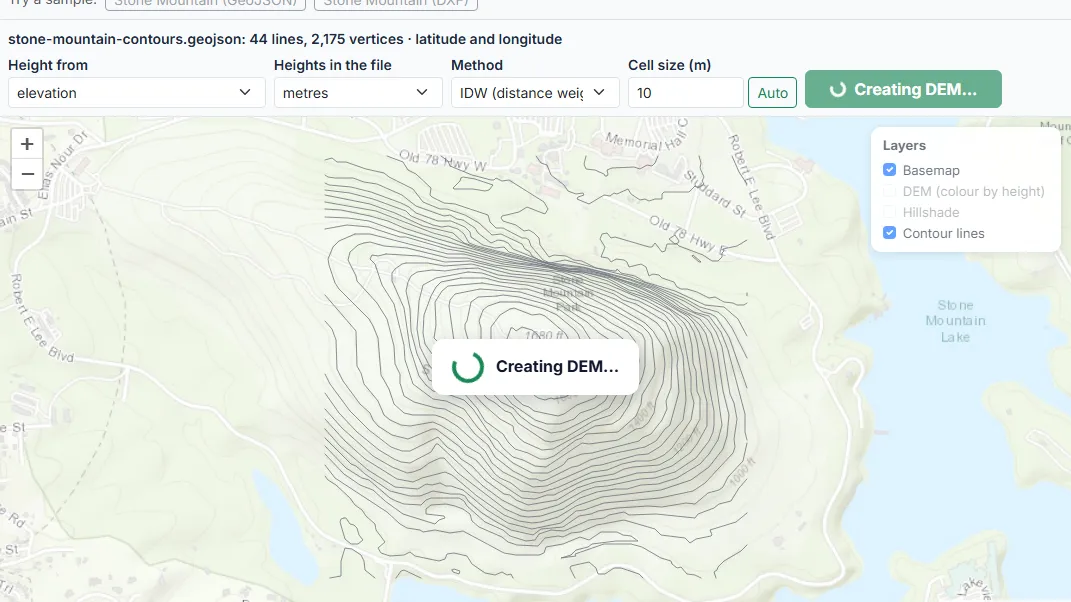 Choose the method and the cell size, then press Generate DEM
