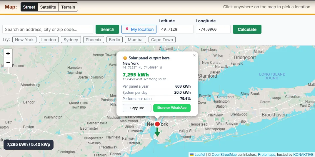 Pick the location: click the map, search an address or type coordinates